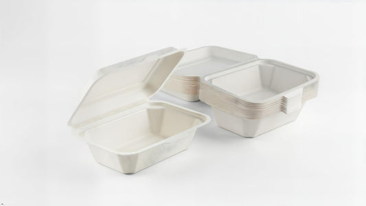 Wrap n Pac 7x5 inch 600ml compostable bagasse clamshell takeaway box with hinged lid